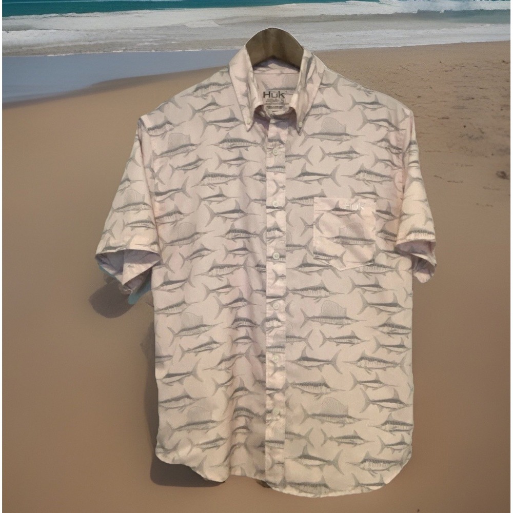HUK Shirt Button Up Men's Kona Small Swordfish Pattern Breathable Short Sleeve